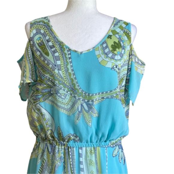 Chicos Maxi Dress Sienna Aqua Green Paisley Cold Shoulder Short Sleeve Medium - Picture 3 of 12